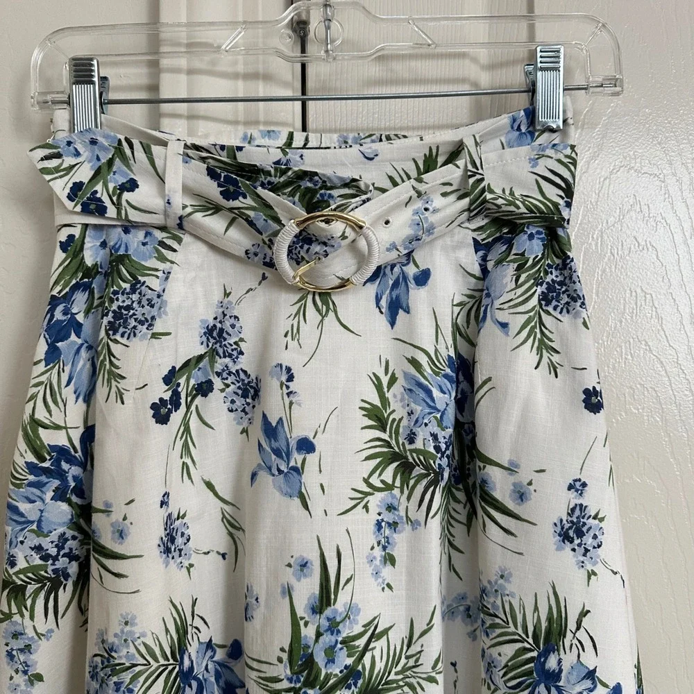 Veronica Beard Hibiscus Floral Belted Midi Skirt - 100% Cotton A-Line Blue White